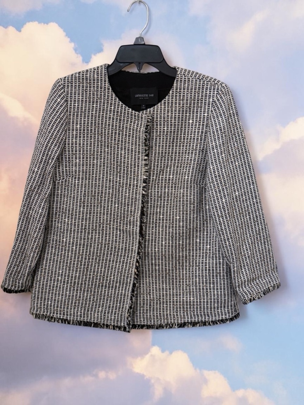 Lafayette 148 NY Black and White Tweed Collarless Blazer Lady Jacket Cotton Silk
